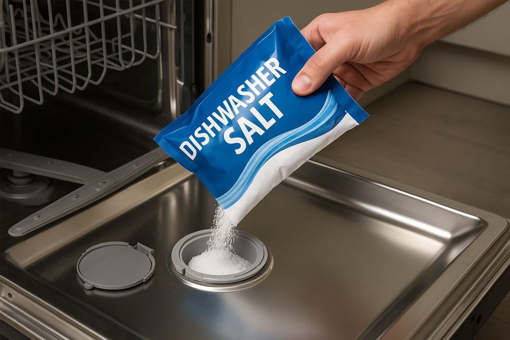 Người dùng bổ sung muối rửa bát vào máy