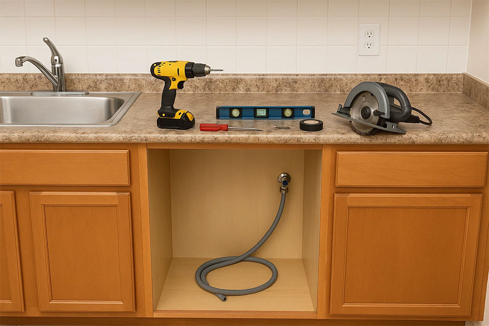 Dụng cụ chuẩn bị cho việc lắp đặt máy rửa bát