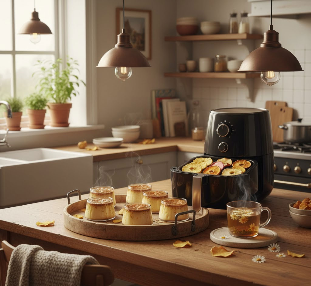 trái cây sấy khô lát xoài dứa táo và bánh pudding caramel trong ly thủy tinh