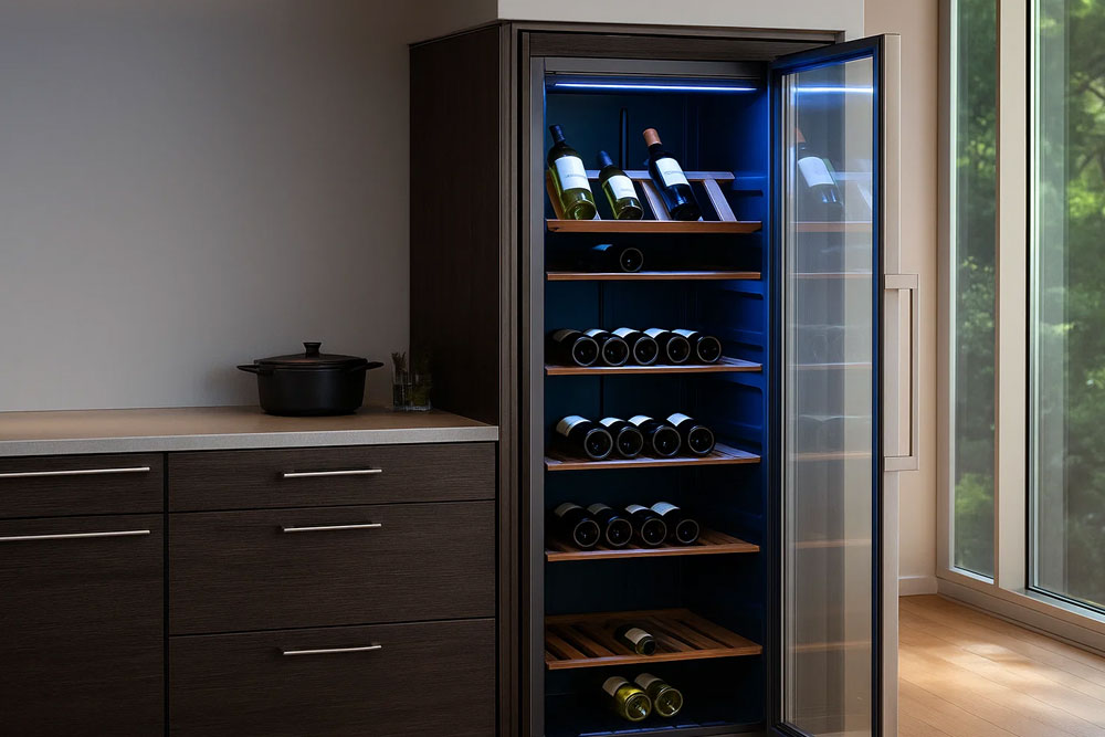 Bên trong tủ Bosch KWK36ABGA với 2 vùng nhiệt đỏ và trắng