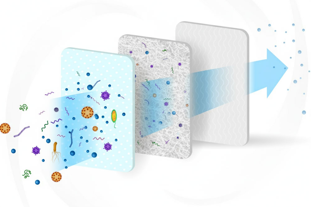 Cận cảnh bộ lọc HEPA bên trong máy hút bụi với phông trắng biểu thị không khí sạch