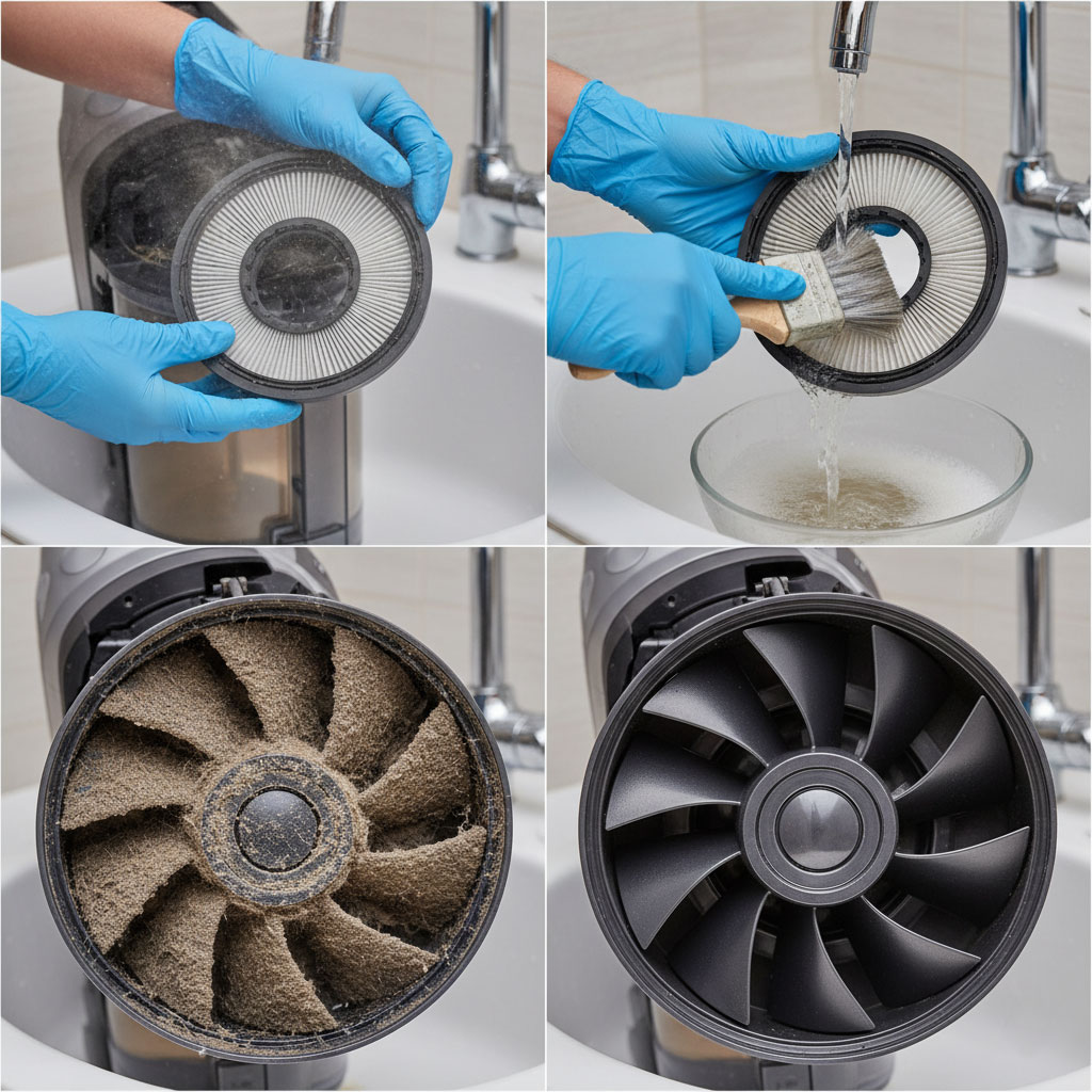 Vệ sinh lưới lọc máy hút mùi bằng bàn chải mềm và dung dịch rửa nhẹ