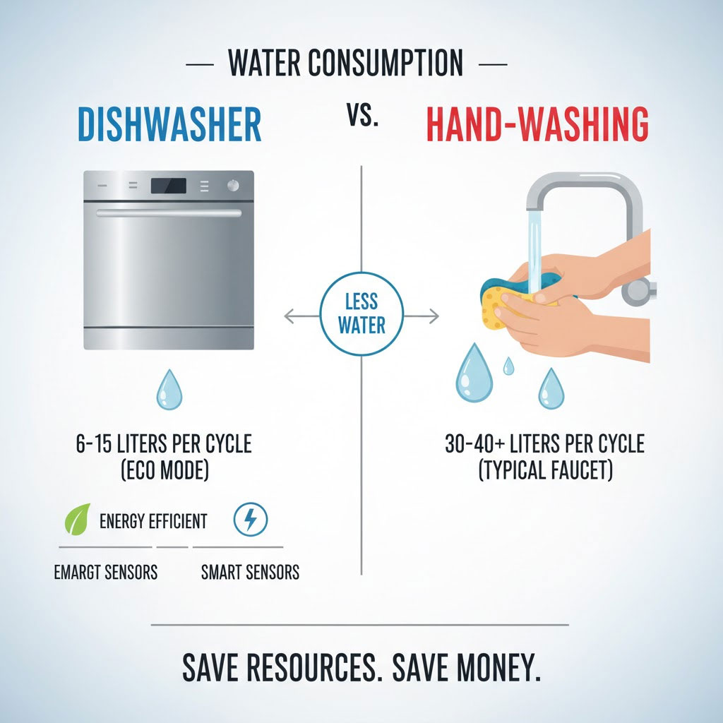 Biểu đồ so sánh lượng nước tiêu thụ — máy rửa bát vs rửa tay