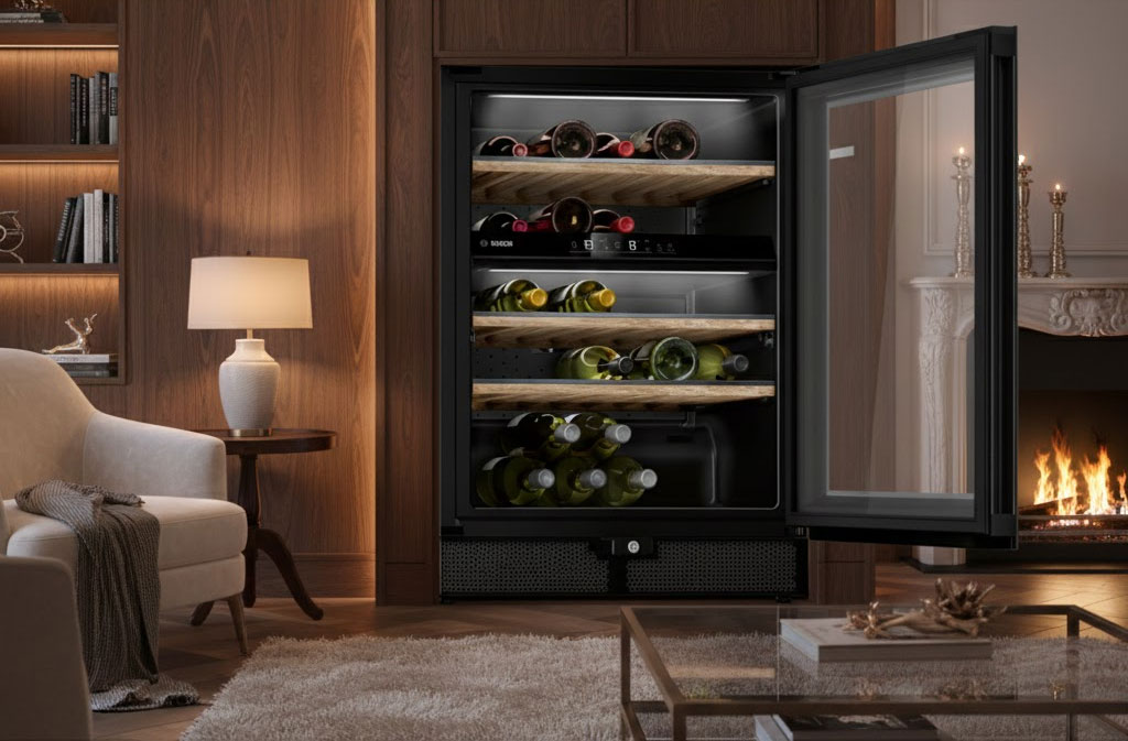 Khoang tủ rượu Bosch với ánh sáng dịu và gỗ thơm
