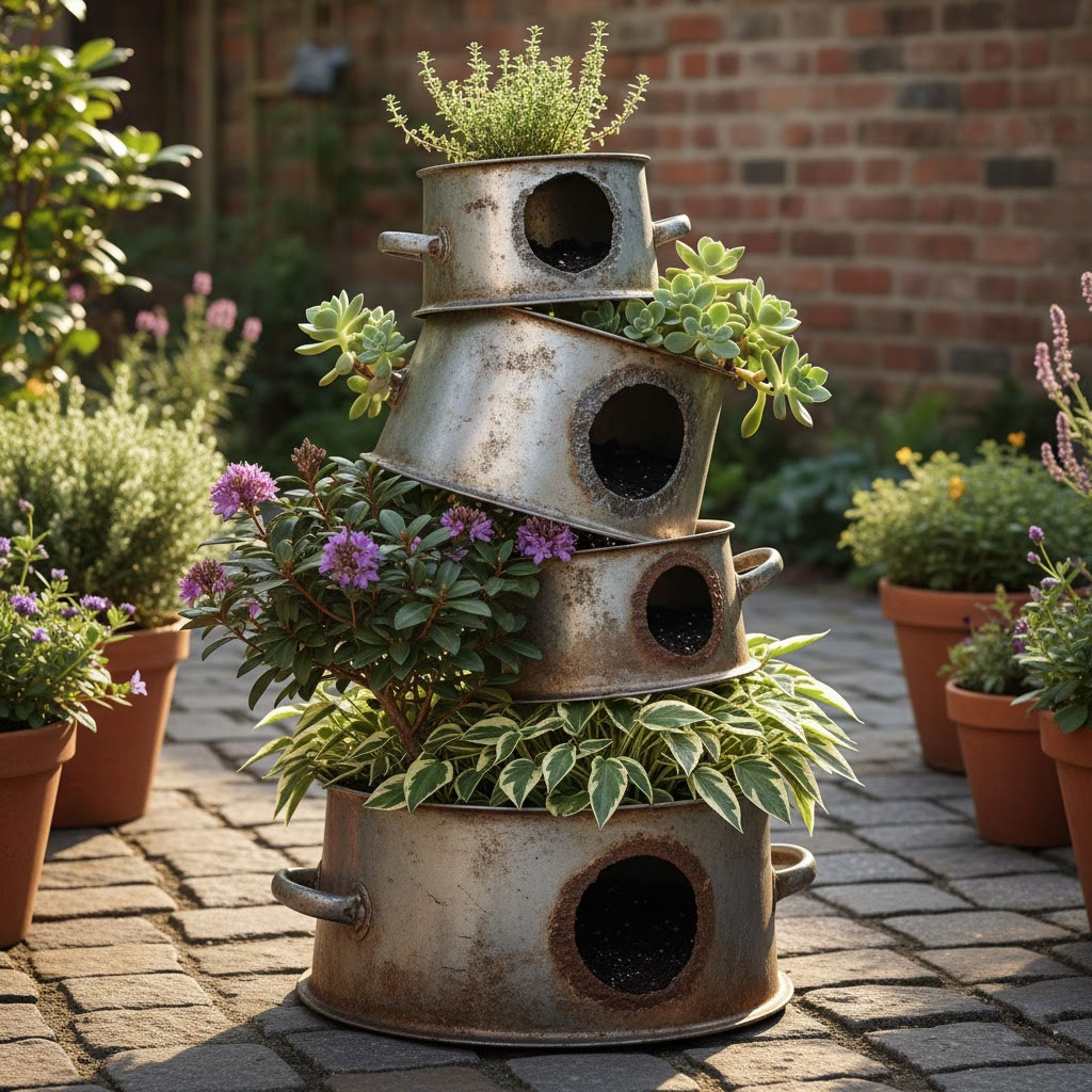 tháp chảo nồi cũ nhiều tầng trồng cây nhỏ