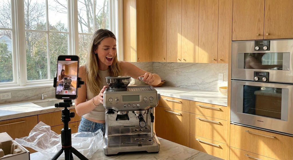 Mở hộp thiết bị gia dụng cao cấp trong không gian bếp sáng, quay lại quá trình kiểm tra