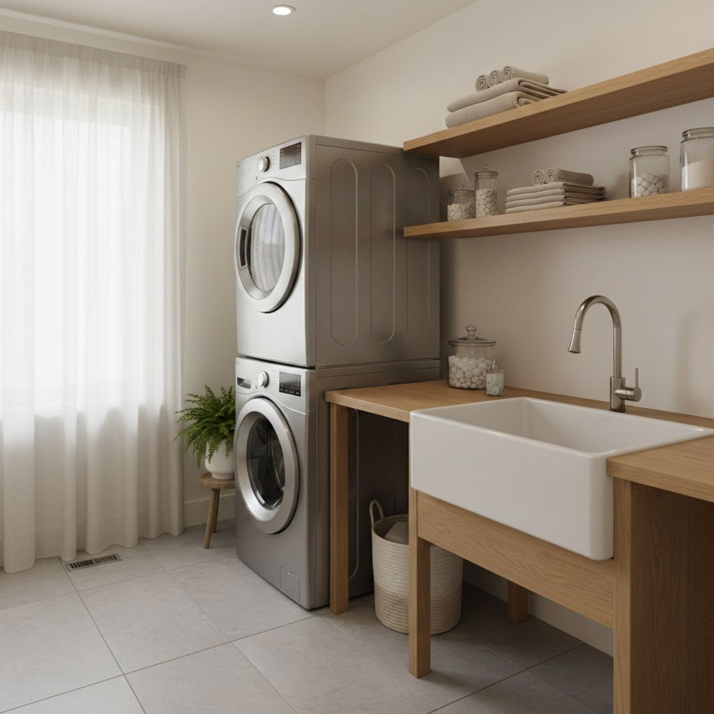 Khu giặt sấy gọn gàng tông trung tính với máy giặt và máy sấy đặt chồng