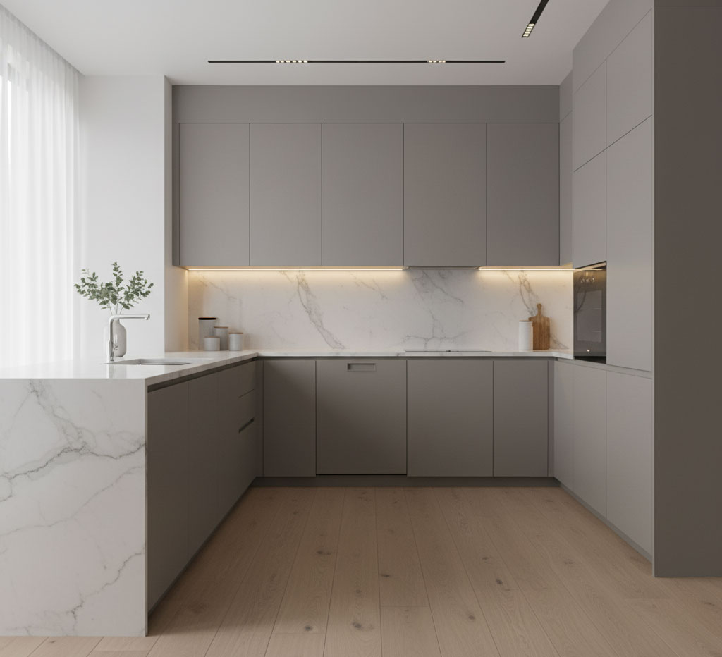 Gian bếp sang trọng, mặt tủ bếp phẳng, phần cửa máy rửa bát ẩn dưới mặt bàn bếp