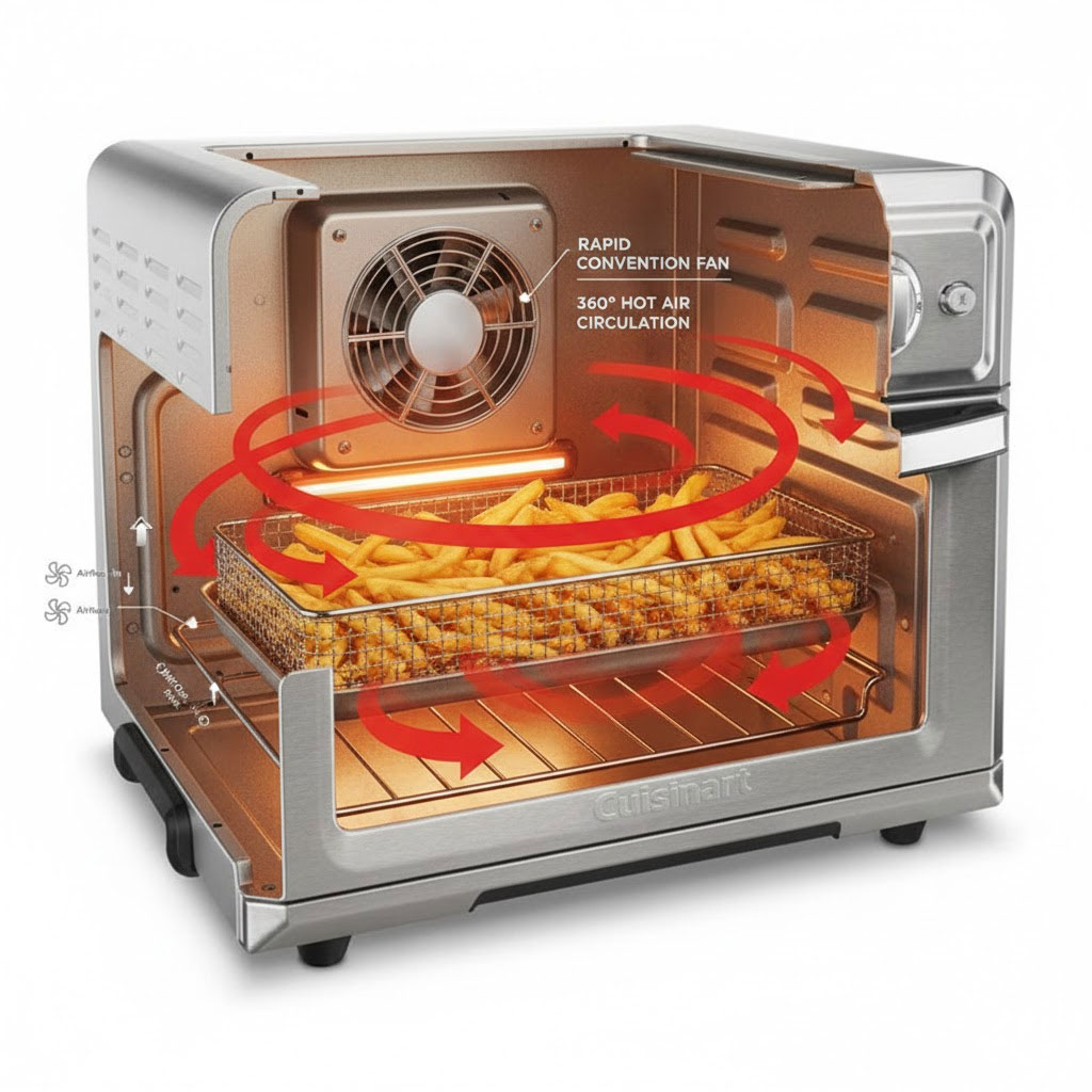 Minh họa công nghệ chiên không dầu quạt đối lưu trong chiếc lò Cuisinart TOA 60HK