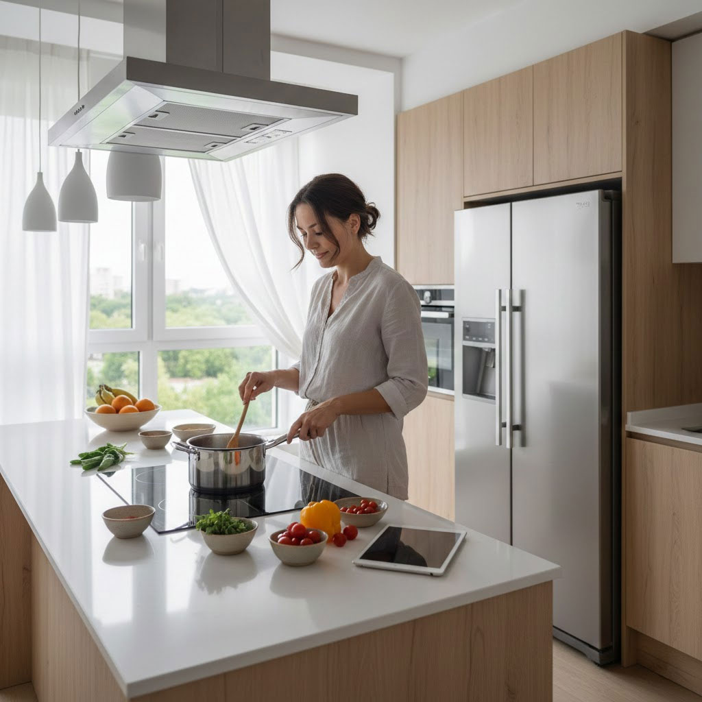 Người nội trợ nấu ăn thoải mái trong căn bếp chung cư mát mẻ