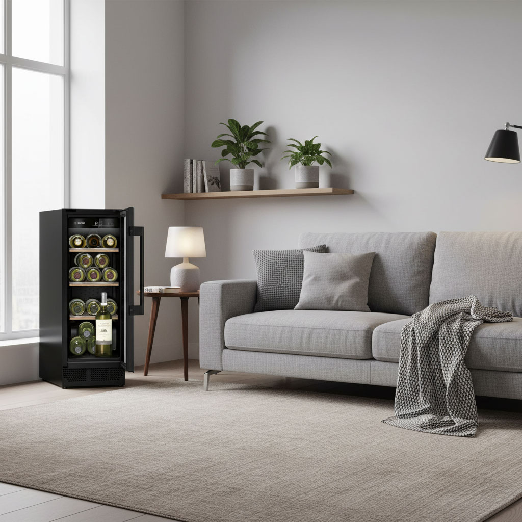 Tủ rượu mini đặt cạnh sofa trong phòng khách yên tĩnh