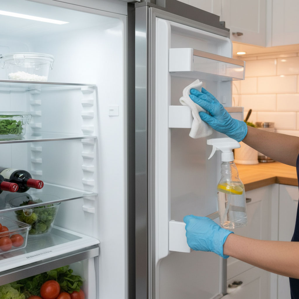 Vệ sinh khay và ron cửa tủ lạnh bằng khăn mềm và dung dịch nhẹ nhàng
