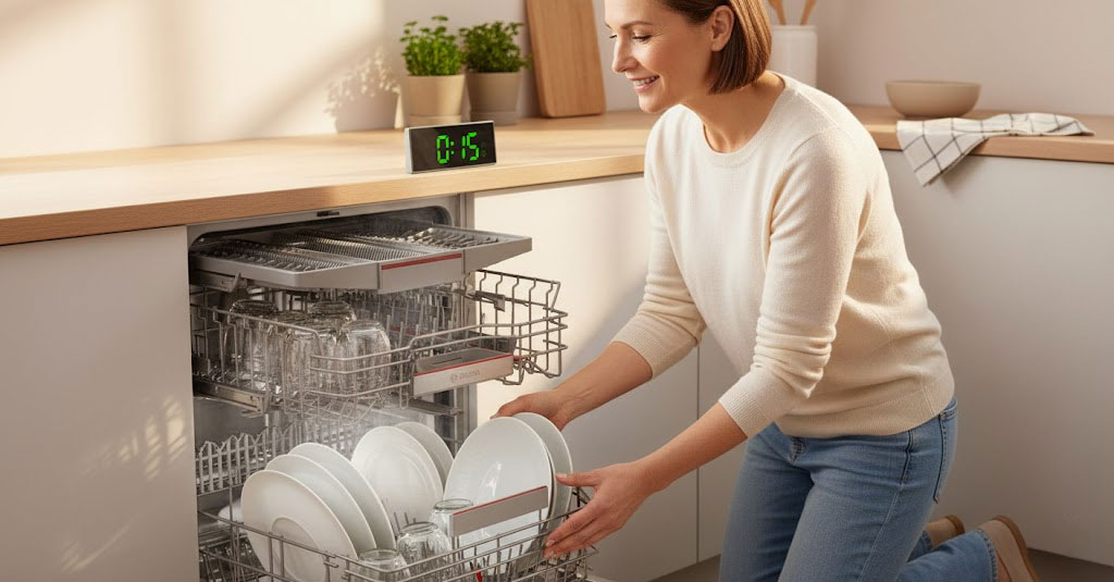 Người nội trợ thư thái lấy bát đĩa sạch bóng ra khỏi máy, đồng hồ hiển thị thời gian rút ngắn