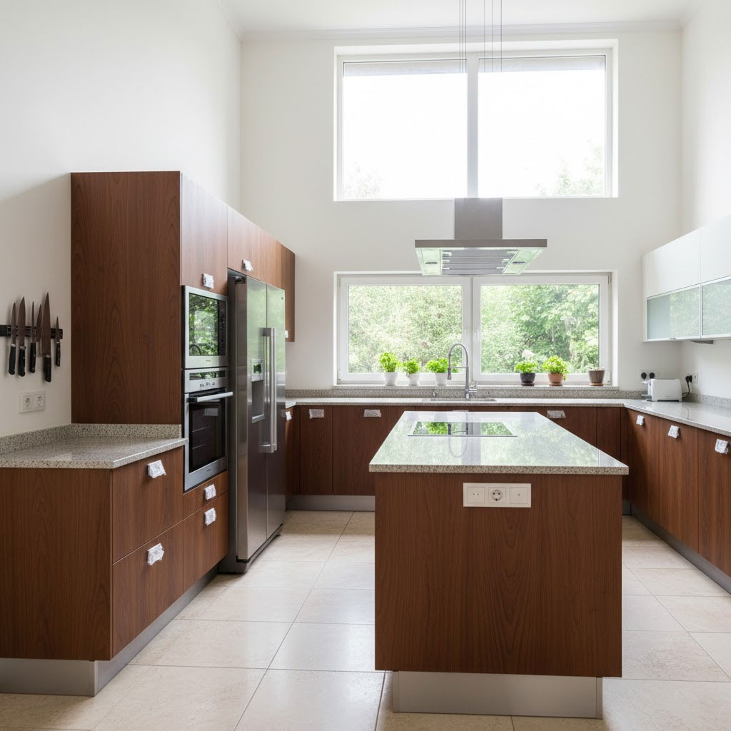 Không gian bếp rộng thoáng, bố trí thiết bị khoa học và an toàn