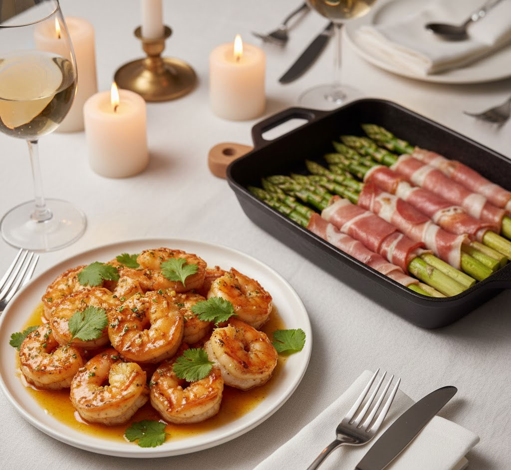 tôm sốt bơ tỏi rắc ngò và măng tây cuộn jambon trong đĩa sang trọng