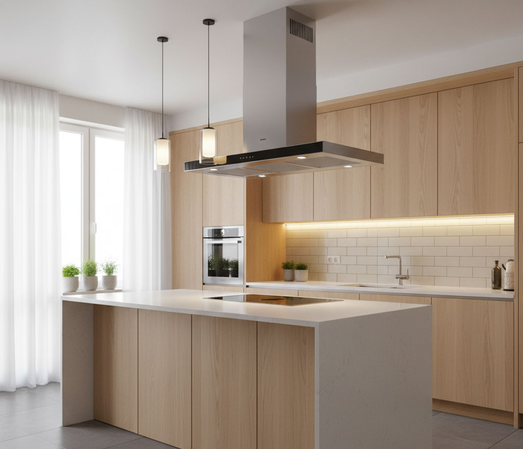 bếp hiện đại có máy hút mùi lắp gọn gàng