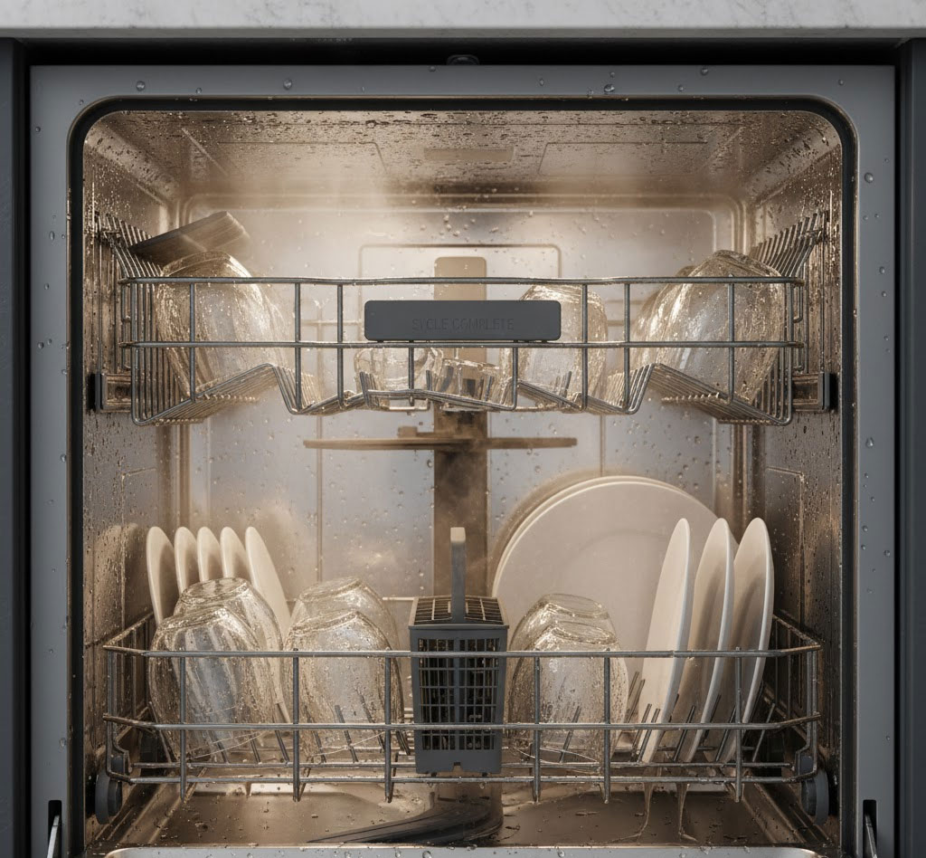 Khoang máy rửa bát còn đọng hơi nước sau khi rửa