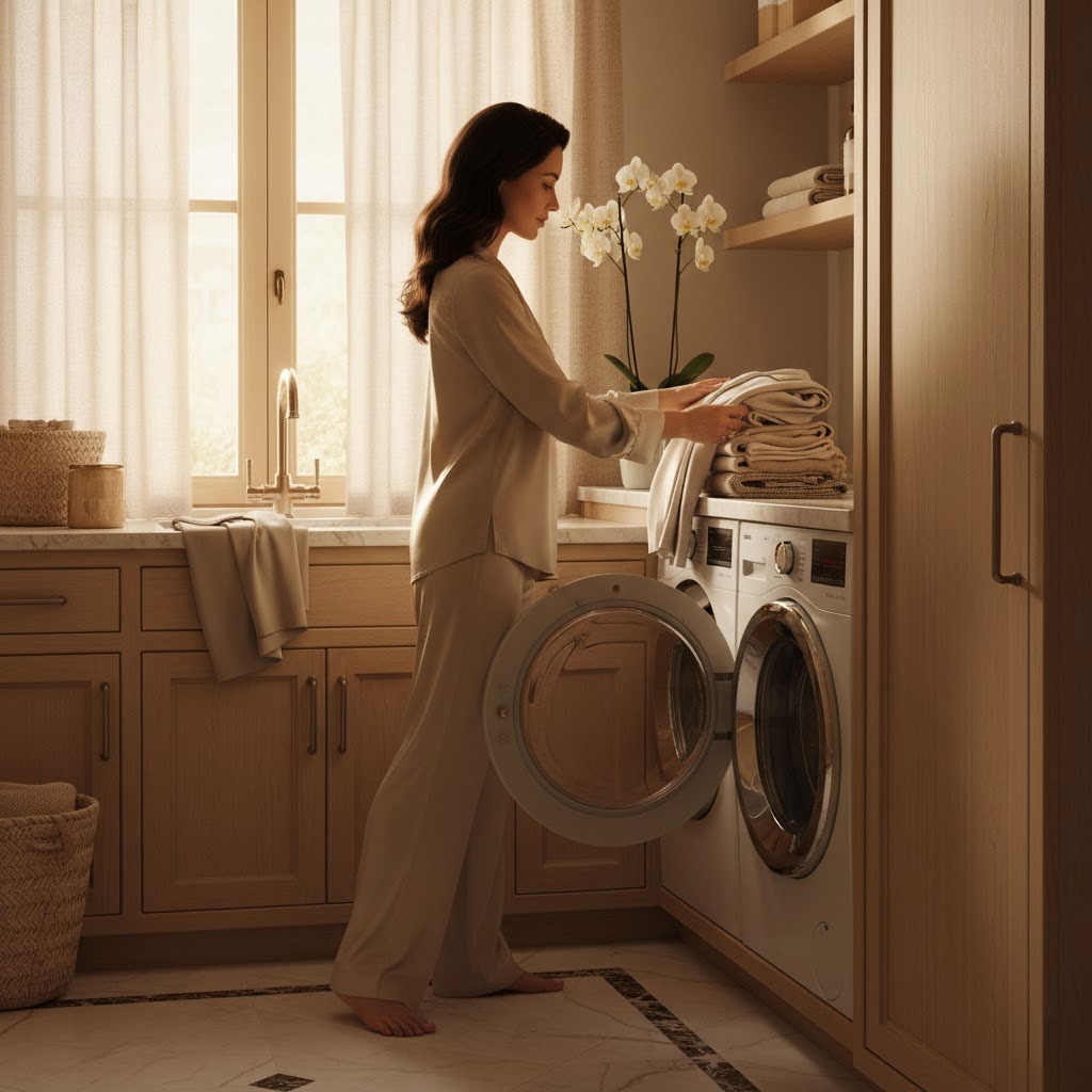 Quần áo vừa giặt vắt ráo chuẩn bị cho máy sấy