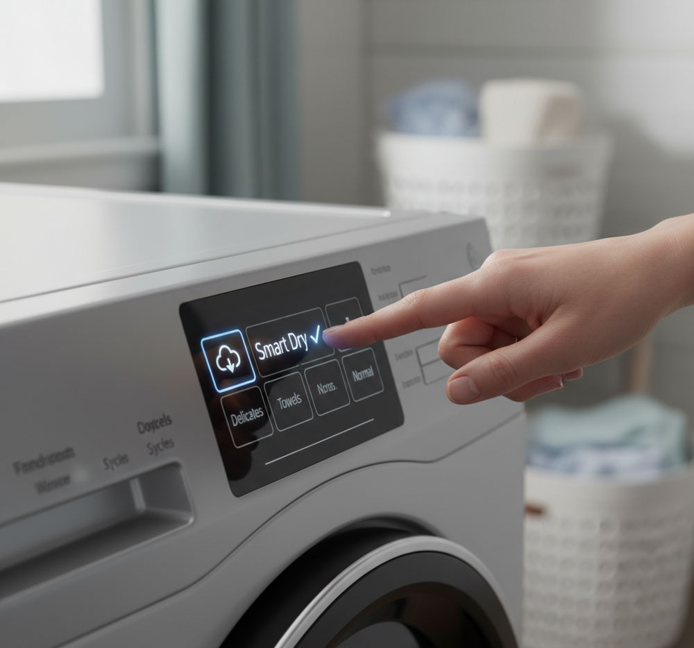 người dùng chọn chế độ Smart Dry trên màn hình máy sấy