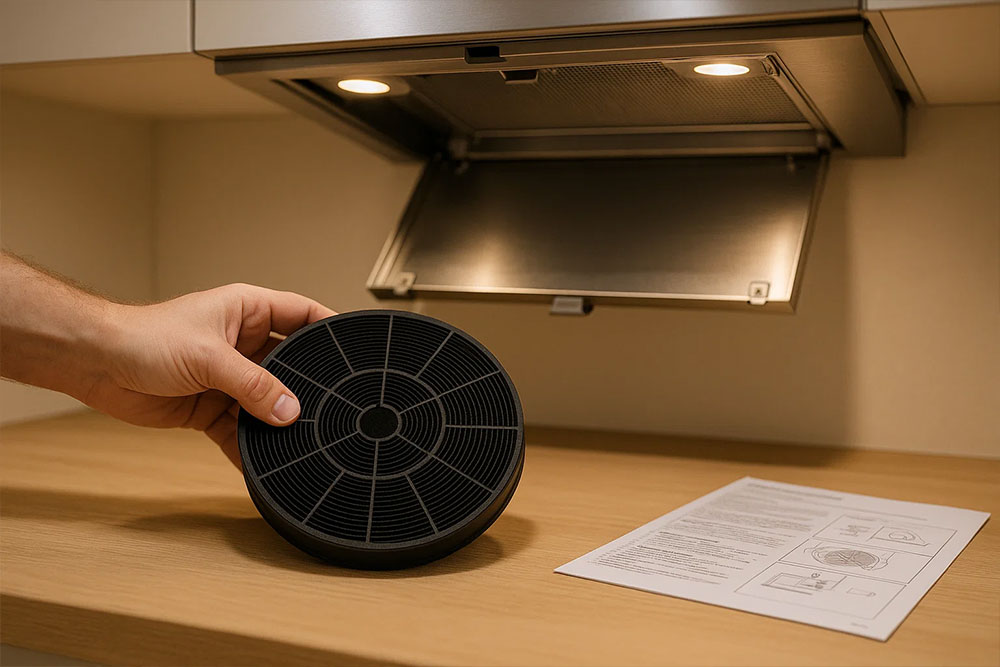 Bộ lọc than hoạt tính của máy hút mùi được tháo ra kiểm tra