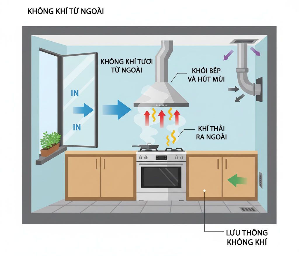 sơ đồ minh họa luồng khí và máy hút mùi trong bếp