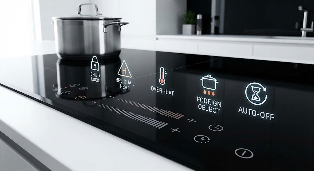 Bảng điều khiển cảm ứng bếp từ với các biểu tượng an toàn