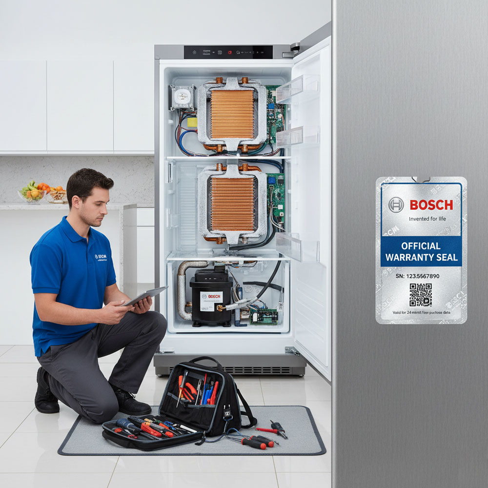 Kỹ sư bảo hành Bosch kiểm tra linh kiện bên trong tủ lạnh