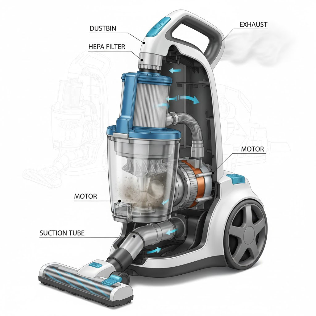 cấu trúc bên trong máy hút bụi – ống dẫn, lọc HEPA, khoang chứa bụi