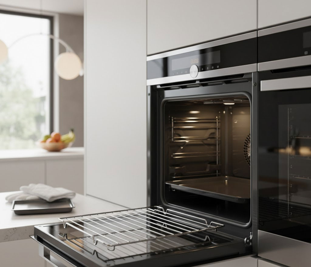 khoang lò trống, các khay nướng và vỉ được đặt rời ra ngoài để kiểm tra