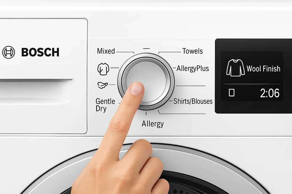 Người dùng chọn chế độ sấy trên máy sấy Bosch