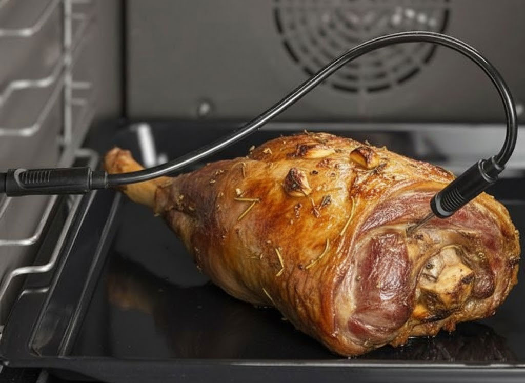 Ảnh đùi cừu quay hoàn hảo với nhiệt kế cảm biến