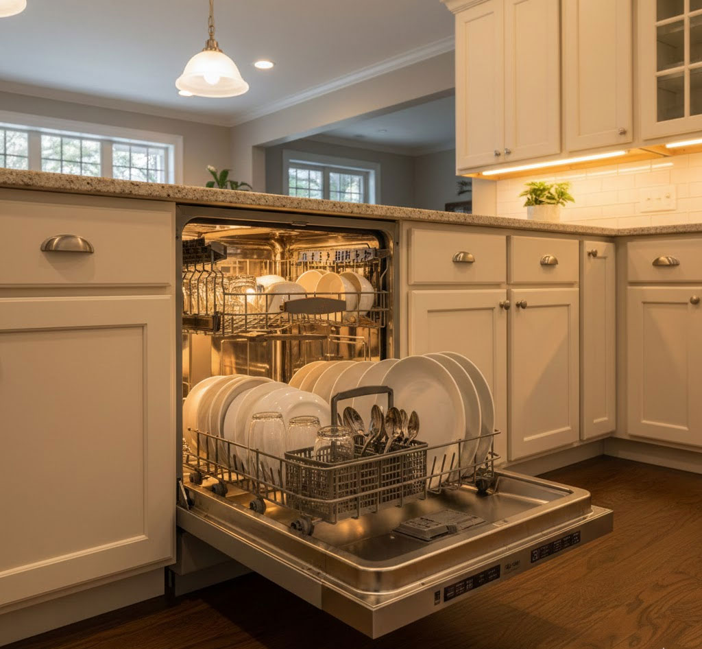 Máy rửa bát âm tủ dung tích lớn trong gian bếp sáng