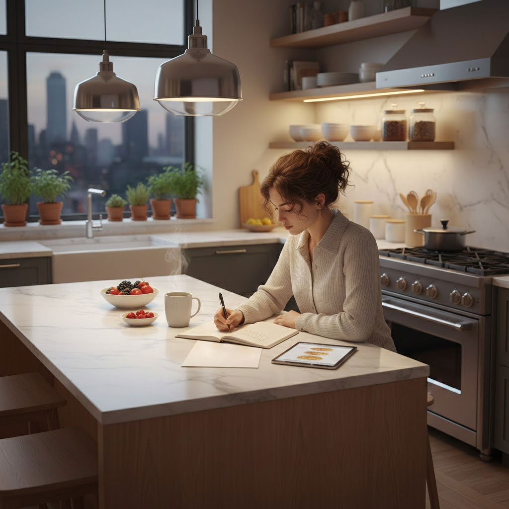 Không gian bếp hiện đại ánh sáng ấm và sổ tay ghi danh sách nhu cầu mua sắm cuối năm></p><p style=