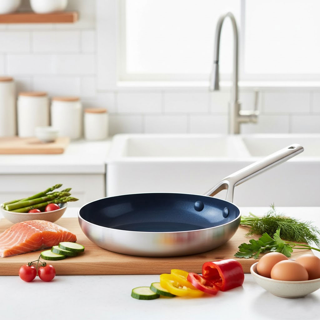Chảo Blue Diamond với nguyên liệu tươi sạch trong bếp hiện đại