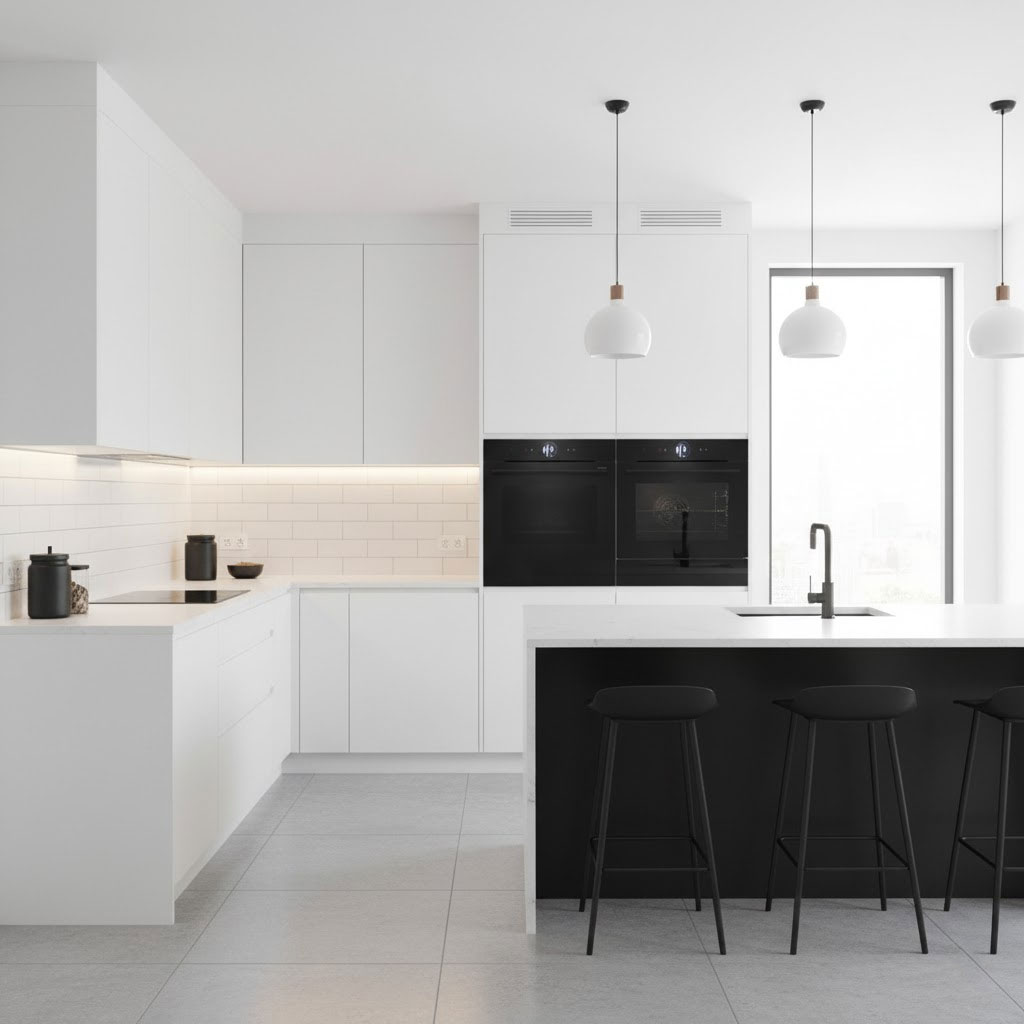 Ảnh bếp hiện đại với lò nướng Bosch Series 8 âm tường