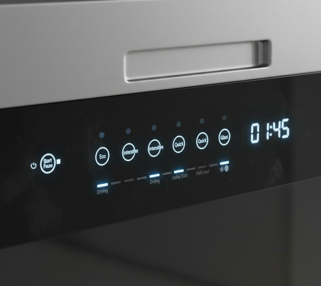 Bảng điều khiển cảm ứng của máy rửa bát hiển thị các chế độ rửa