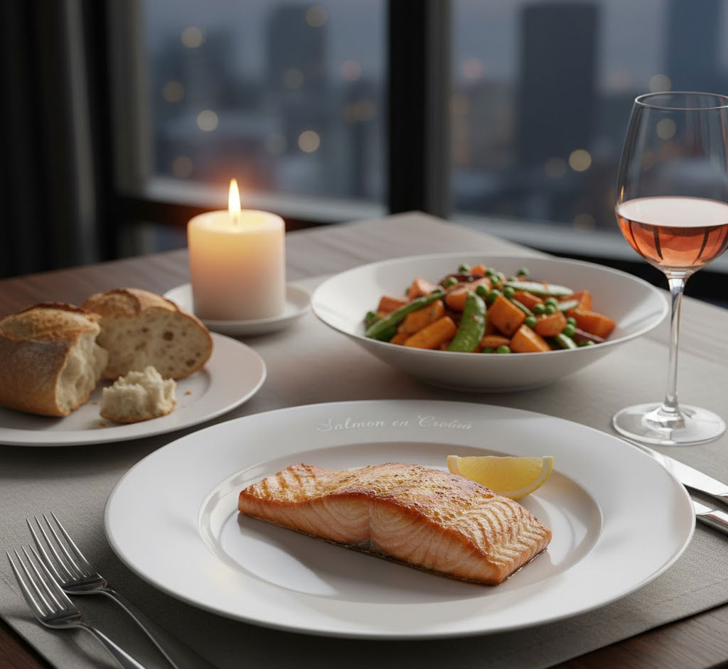 miếng cá hồi áp chảo vàng giòn cạnh đặt trên đĩa trắng có lát chanh mỏng