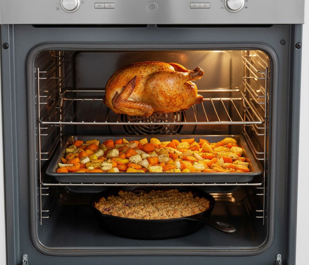 bên trong lò có 2–3 khay thực phẩm sắp xếp hợp lý, khoảng cách giữa các món rõ rệt