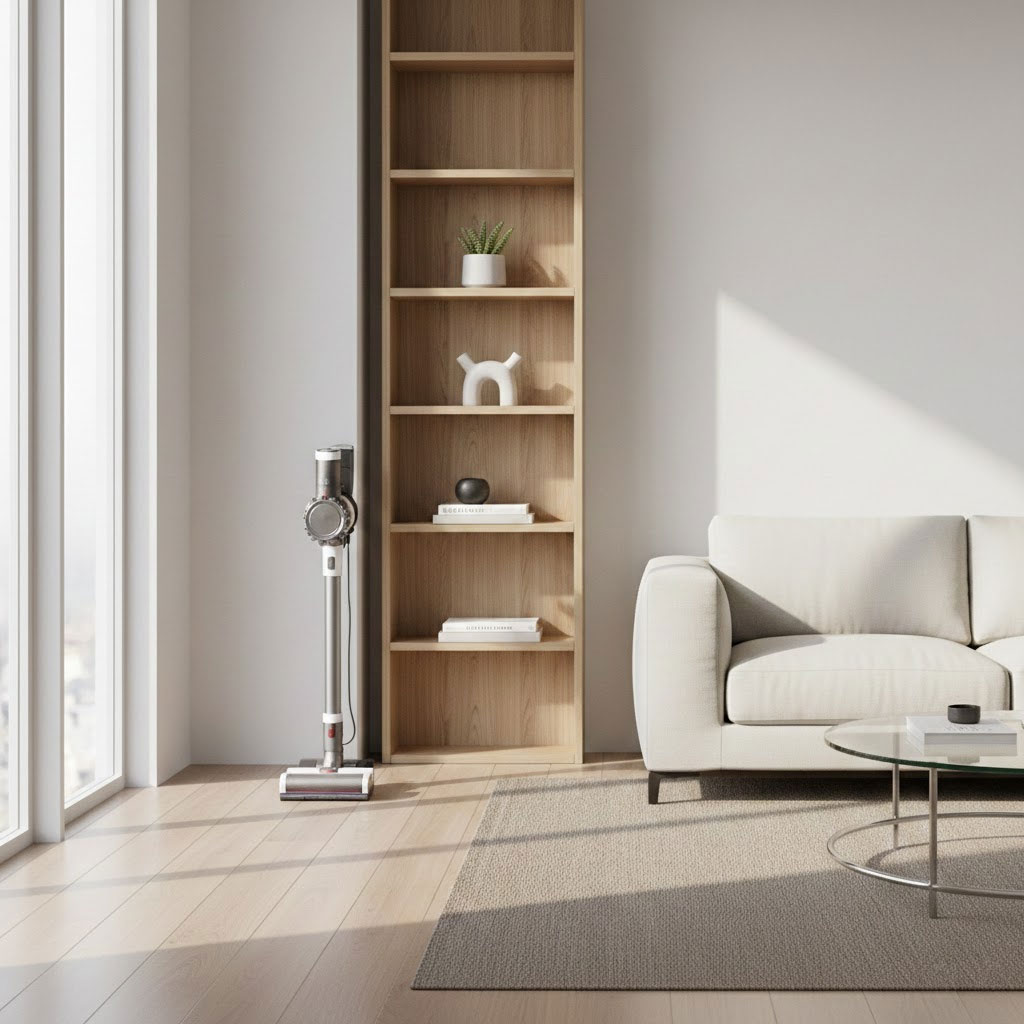 Góc phòng khách tinh giản với máy hút bụi không dây và kệ gỗ cao cấp