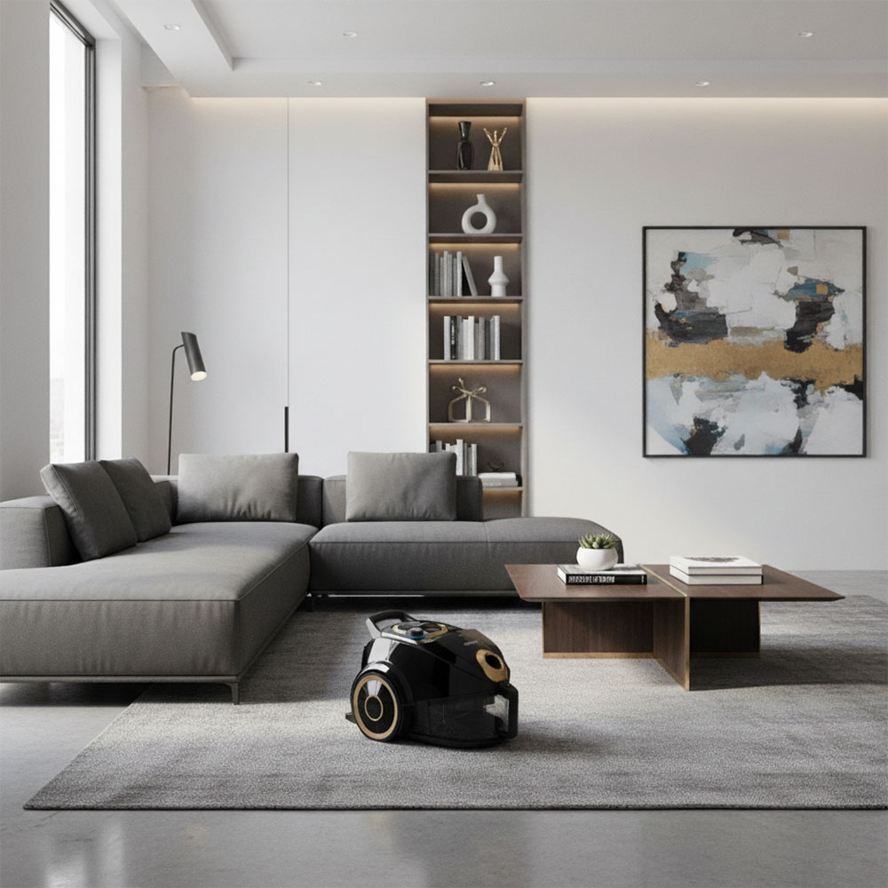 Máy Bosch BGS4UGOGB màu đen bóng đặt trong phòng khách hiện đại