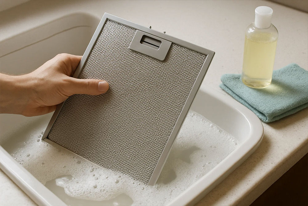 Ngâm lưới lọc máy hút mùi trong chậu nước ấm pha xà phòng