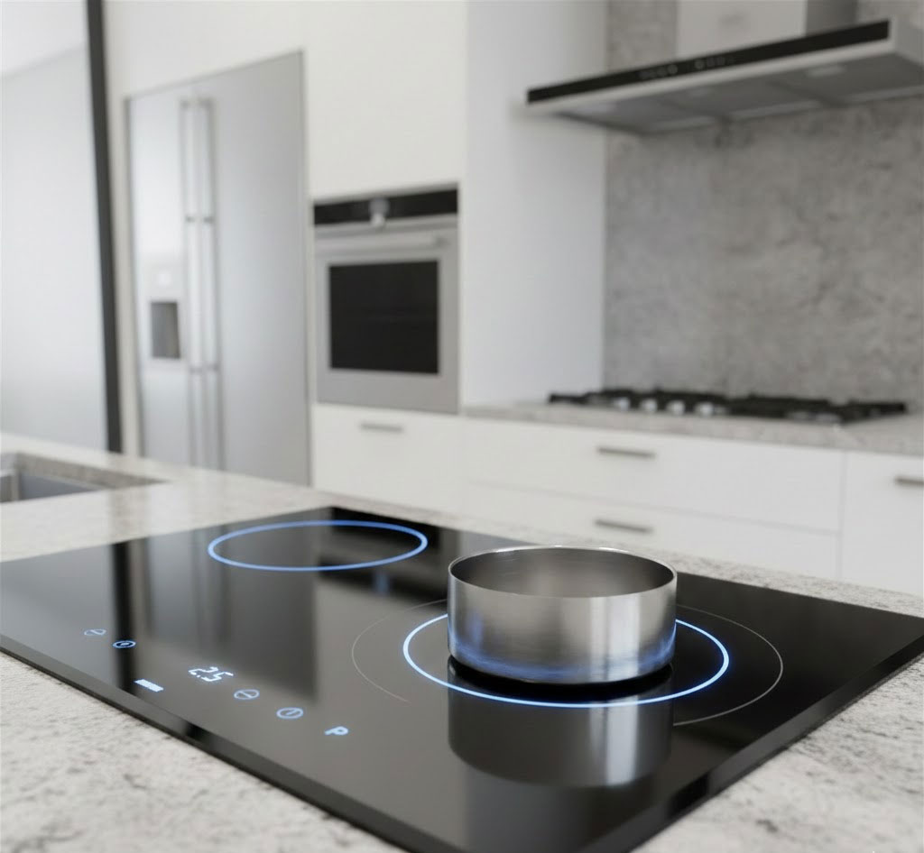 Bếp từ âm bàn đá mặt kính đen trong căn bếp hiện đại