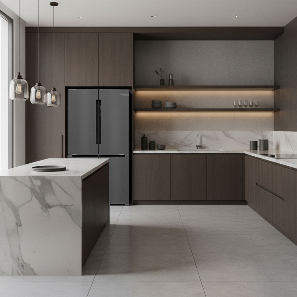 Mặt inox của tủ lạnh Bosch với tay nắm thiết kế tinh tế