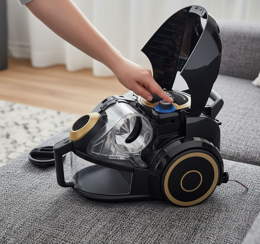 Người dùng mở nắp túi chứa bụi trên máy hoặc đầu hút đa năng đang hoạt động trên sofa