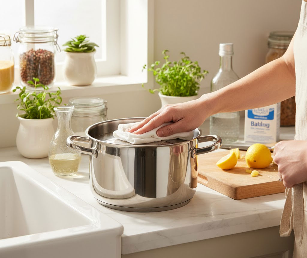 người nội trợ đánh bóng nồi inox bằng giấm và baking soda