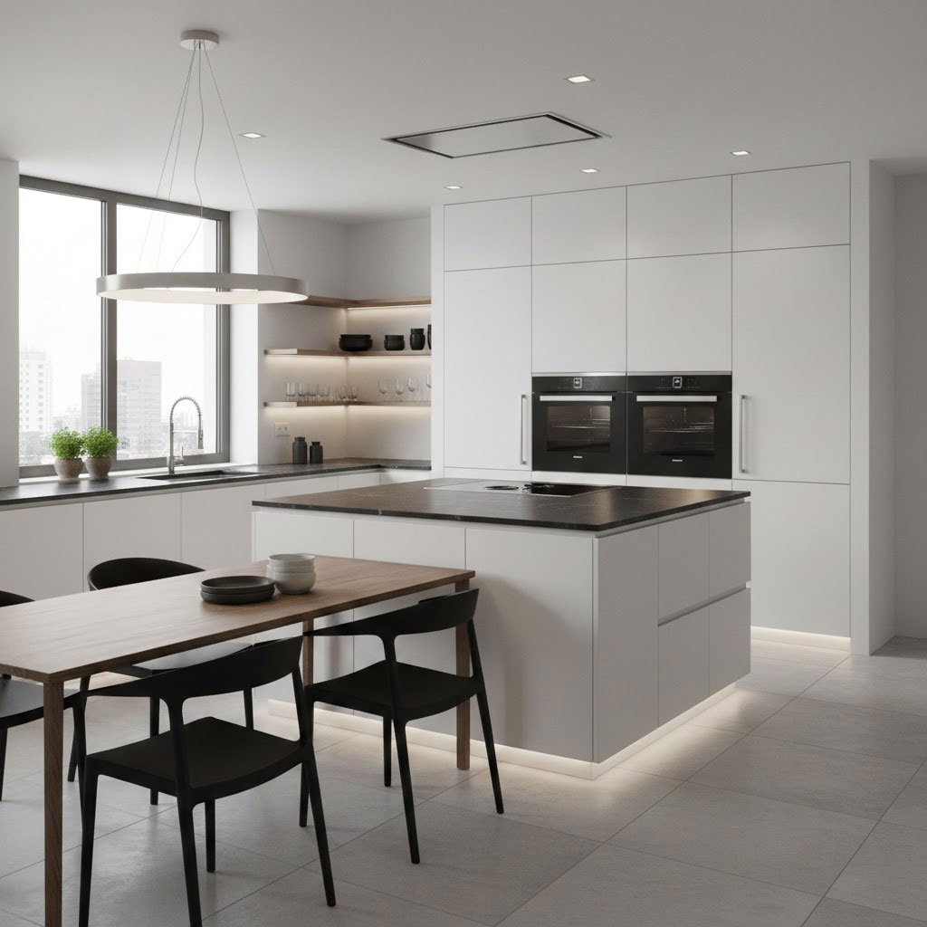 Không gian bếp hiện đại với thiết bị bếp âm tủ cao cấp