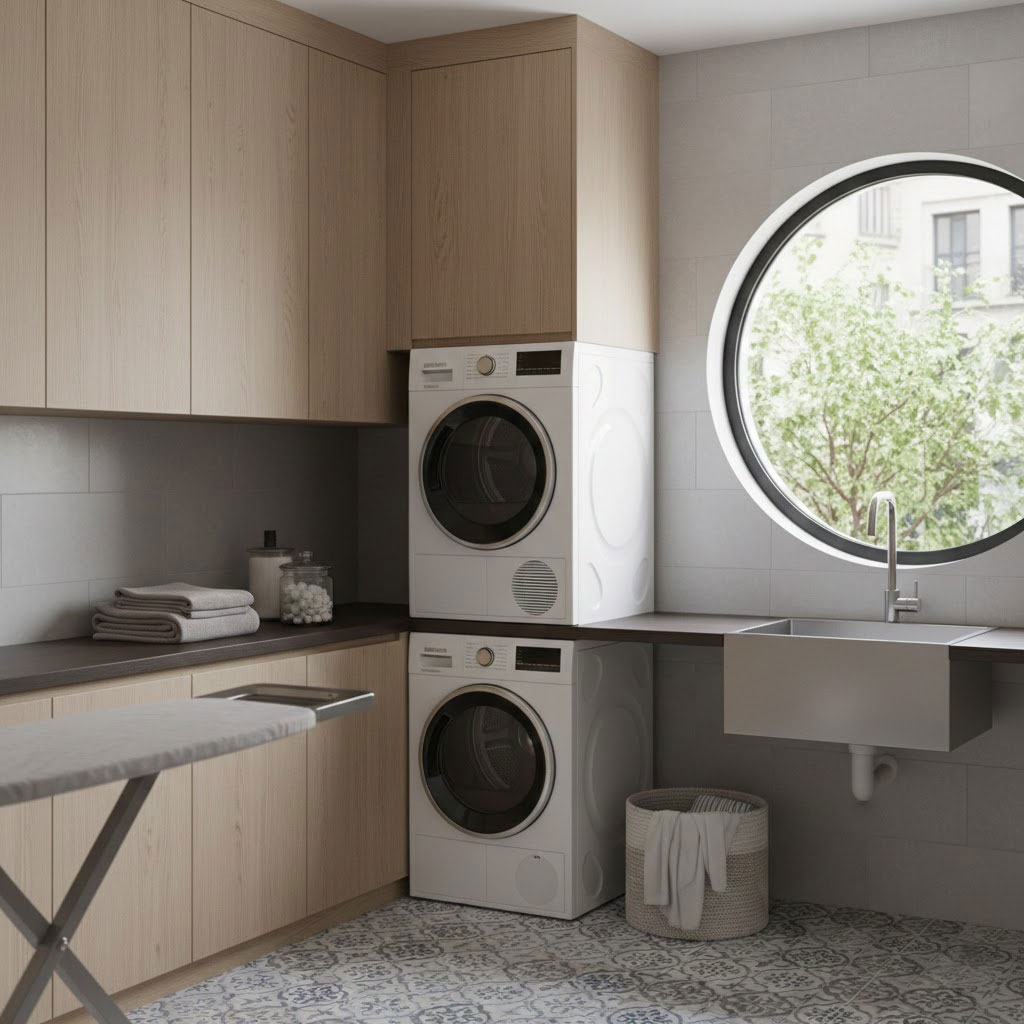 Khu vực giặt sấy gọn gàng với máy sấy quần áo
