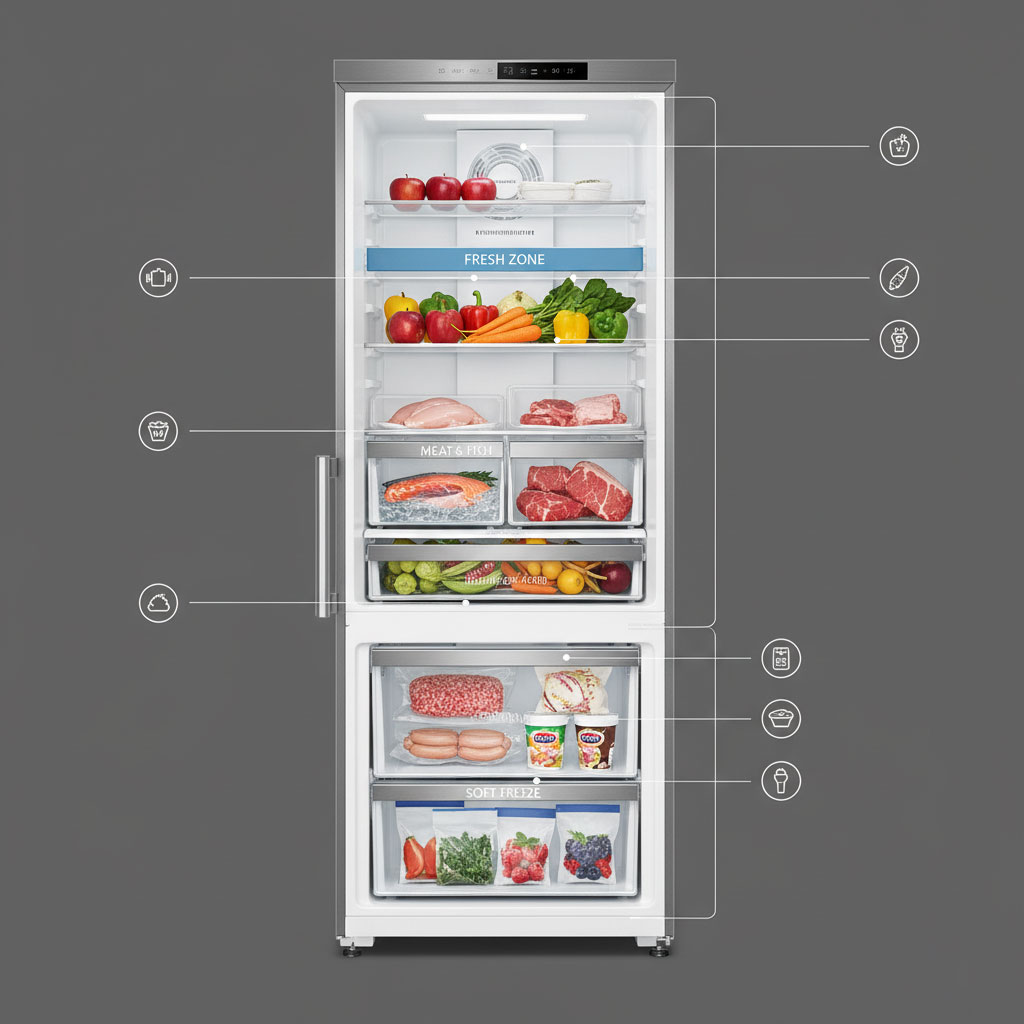 Ngăn phân vùng bên trong tủ lạnh châu Âu với các ngăn rau quả, thịt, đông mềm rõ ràng