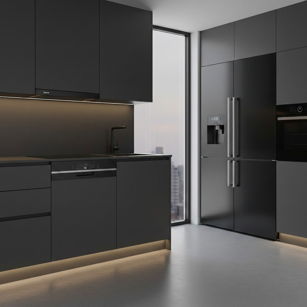 Bộ thiết bị nhà bếp tông đen và inox với máy rửa chén và bếp từ trong căn bếp tối giản