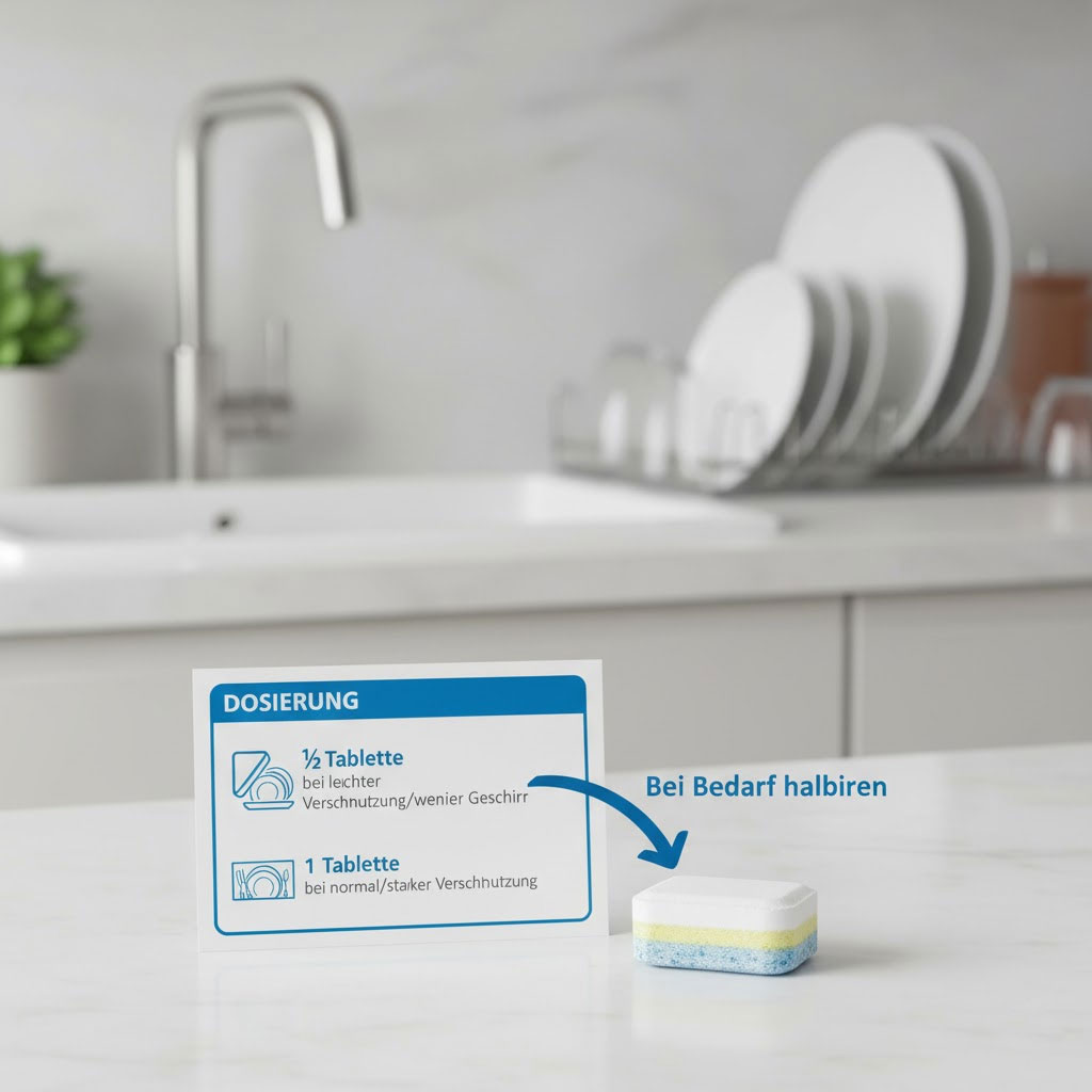 Viên rửa bát được lấy ra từ hộp, bên cạnh bảng hướng dẫn liều lượng và biểu tượng “½ viên